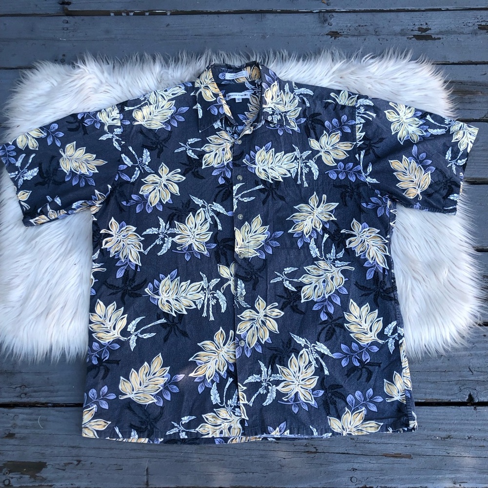 Pierre Cardin 100% Cotton Tropical Floral Plants Button Down Navy Mens Shirt L